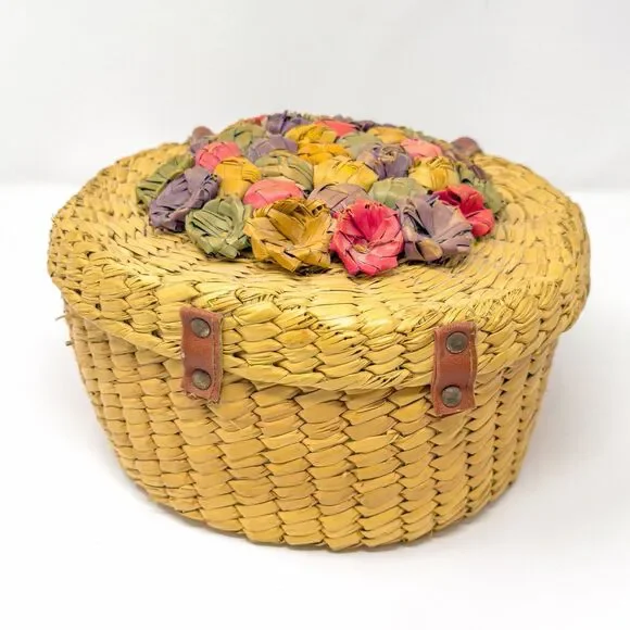 Vintage Woven Straw Sewing Basket Floral Lid Leather Handle Round Boho Bag - Picture 7 of 11